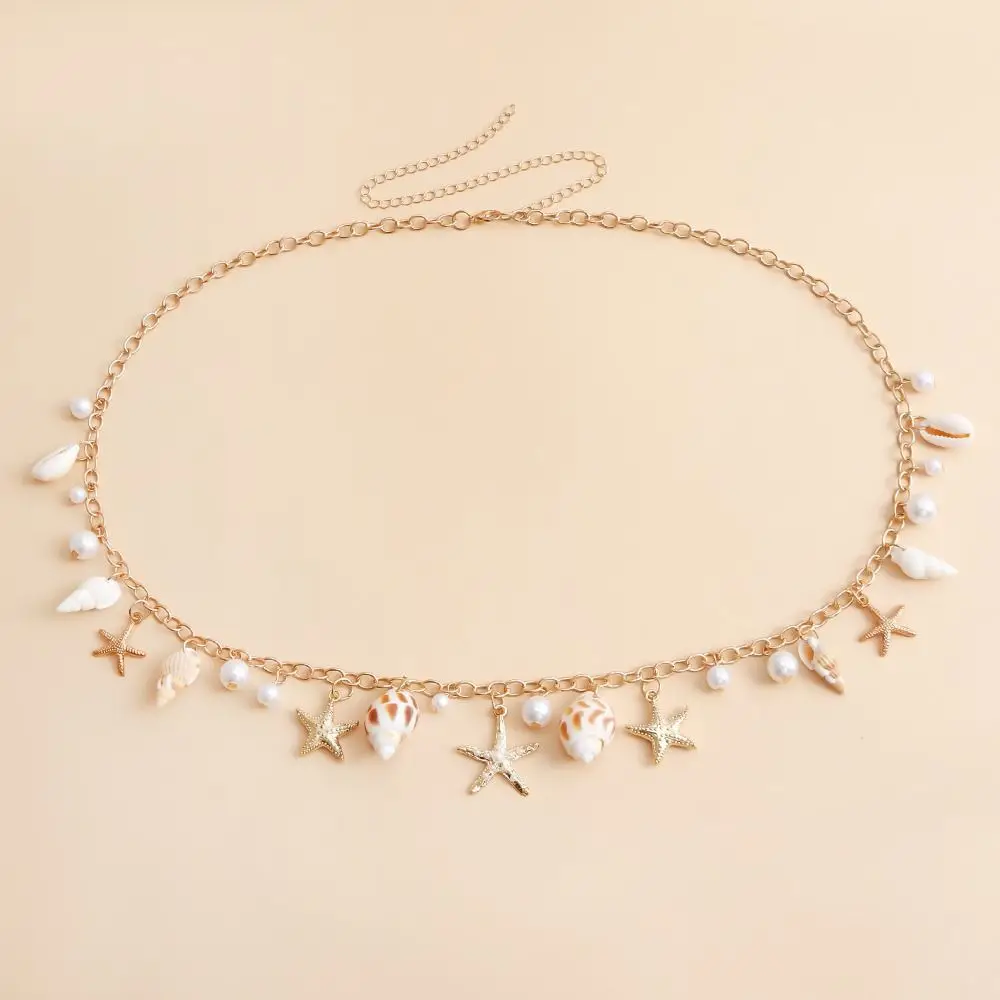 Summer Bohemian Waist Chain Imitation Pearl Sea Star Body Chain Alloy Hollow Out Shell Waist Link for Women