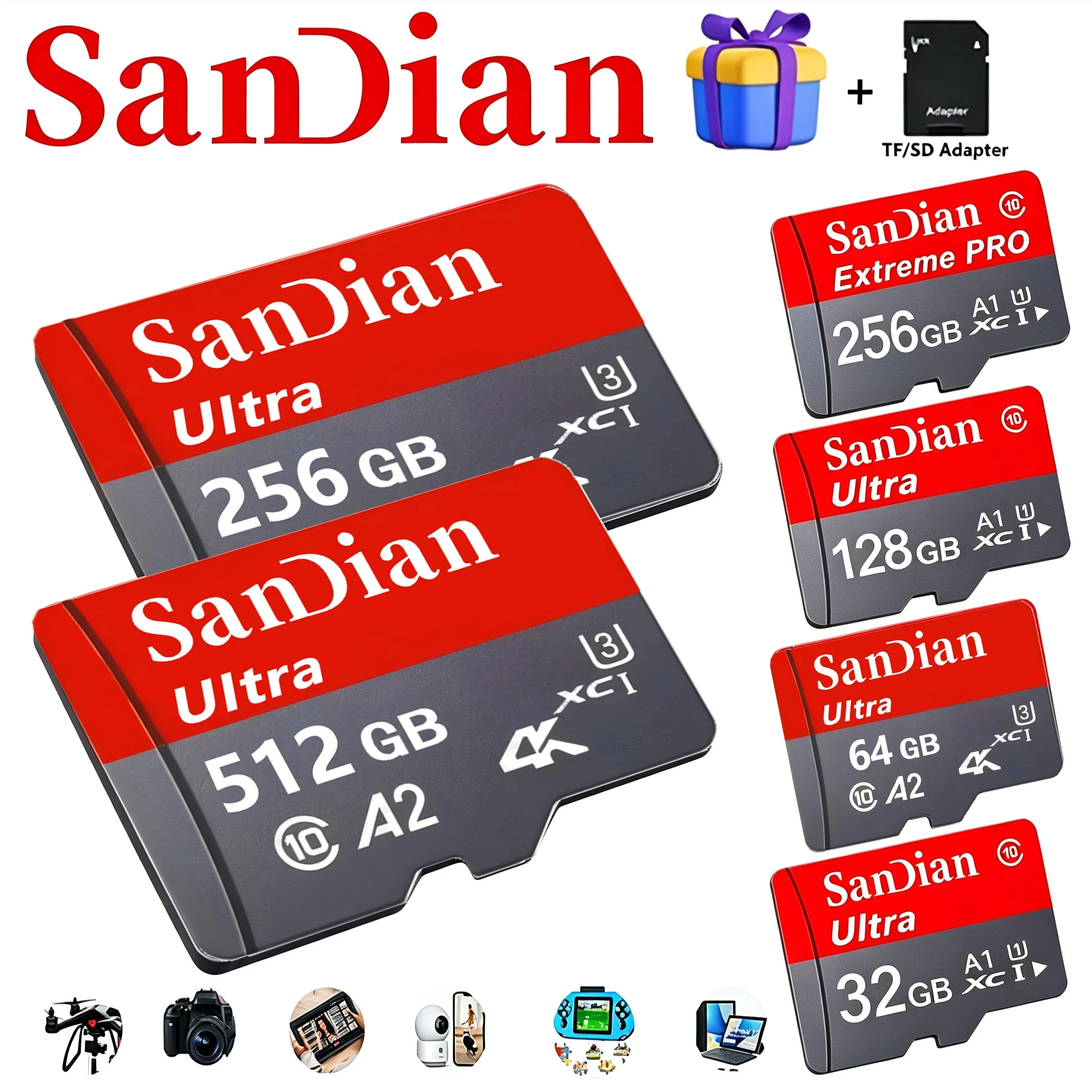 256GB 128GB 512GB Premium Memory Card Micro TF SD Card SD Cards TF Cards 4K X-Ray Proof U1 for Drone/CCTV/Tablet/PC/Speaker