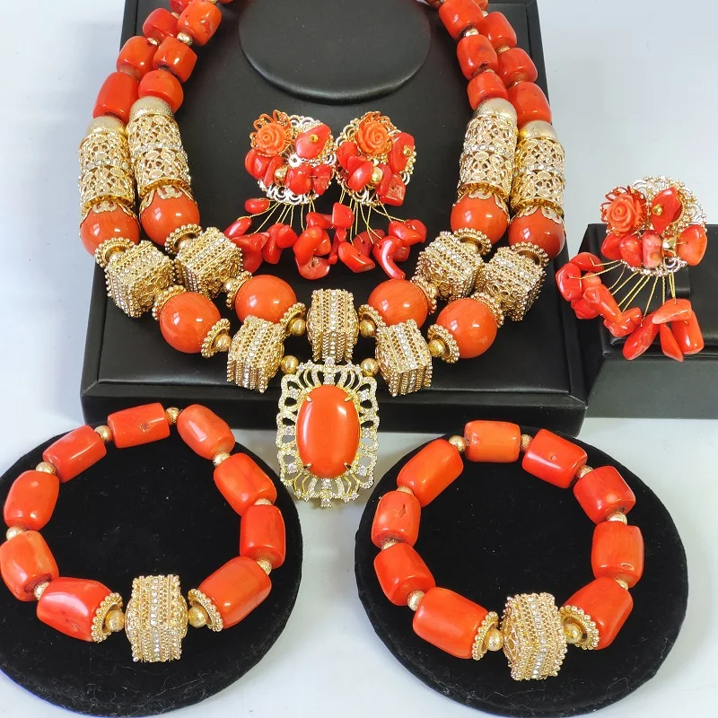 

Natural Orange Coral Bead Jewelry Set for Weddings