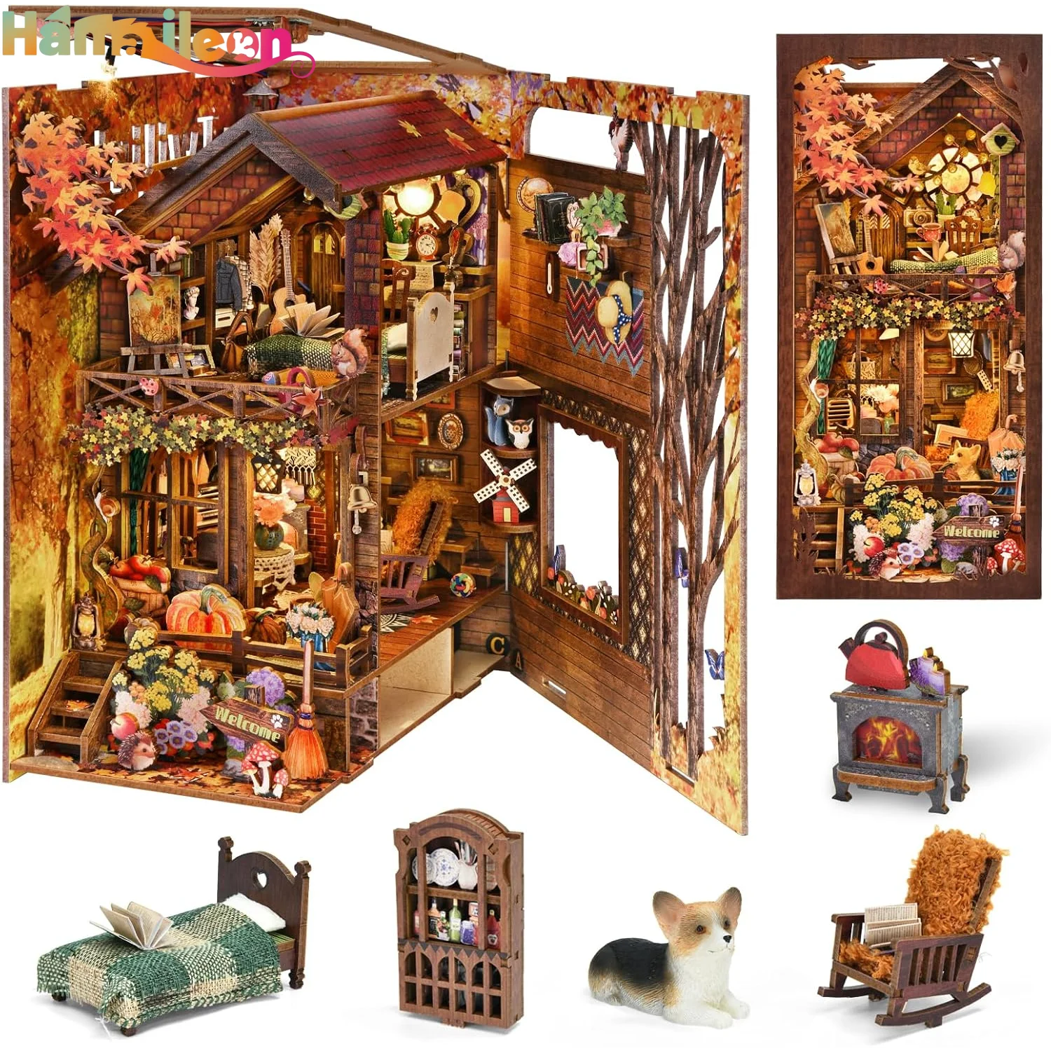 Hamaileon 3D Book Nook Kit, DIY Miniature Room House Kit Bookend ชั้นวางหนังสือตู้หนังสือตกแต่งสําหรับวัยรุ่นผู้ใหญ่ (Twilight Cottage)