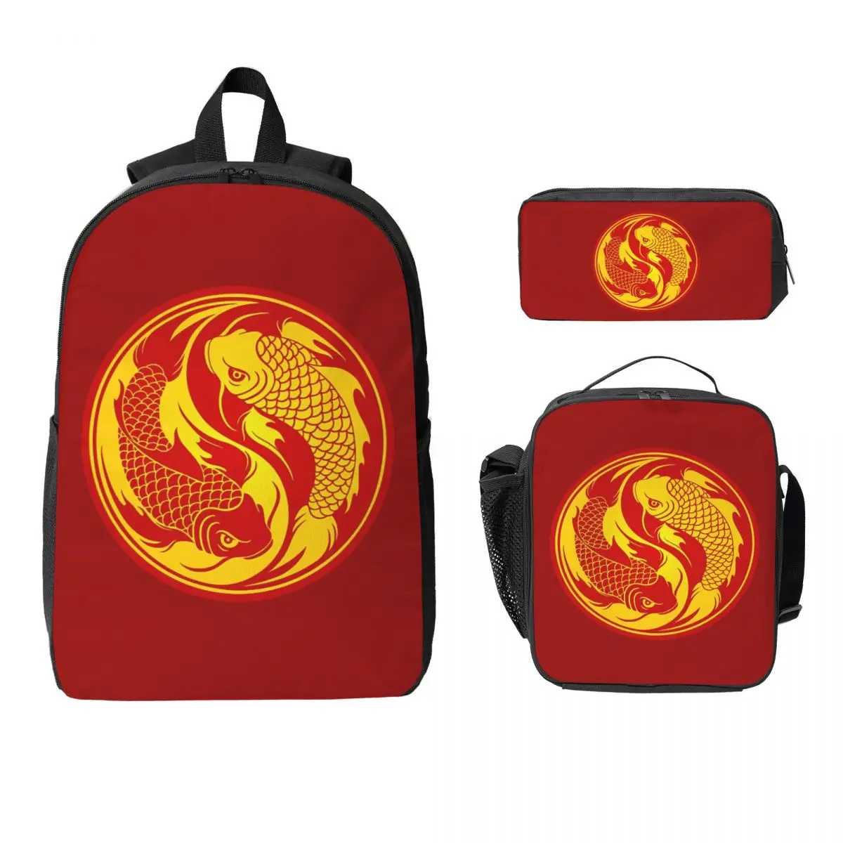 

Red And Yellow Yin Yang Koi Fish Backpack Boys Girls BookBag School Bag Laptop Shoulder Bags 3ps Insulated Lunch Bag Pencil Case