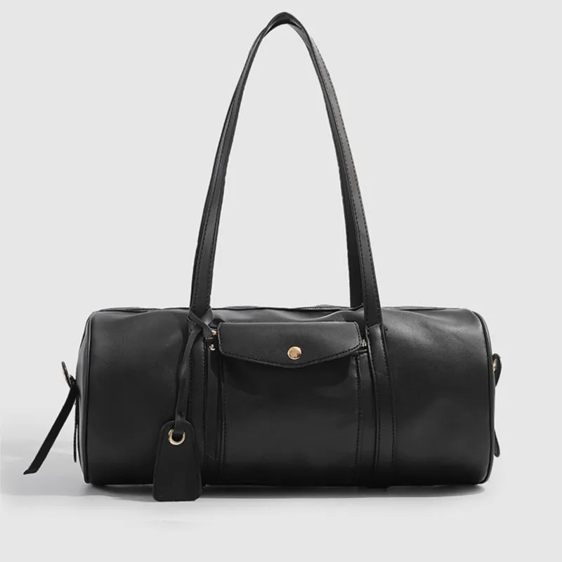 

Retro Black Shoulder Bag For Women Zip Cylinder Leather Large Capacity Handbag Ladies Fashion Simple Versatile Crossbody Bag New