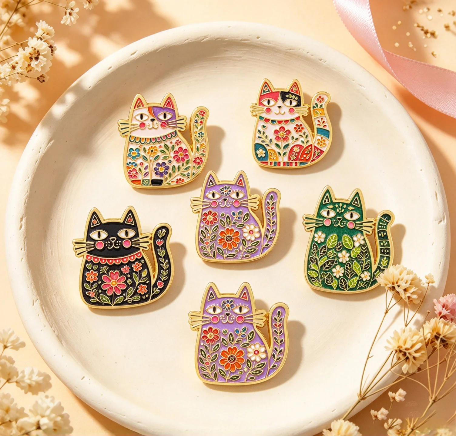 Cute Kawaii Floral Cat Enamel Pins Brooch Lapel Backpack Hat Clothes Accessories Gifts for Women Men Fashion Jewelry Badges