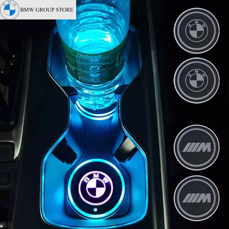 BMW GROUP 2Pcs Luminous Car Coaster Water Cup Holder Pad For BMW M5 M6 M2 X1 X2 X3 X5 X6 X4 E90 F10 E30 E39 E46 E53 E60 F07 G30