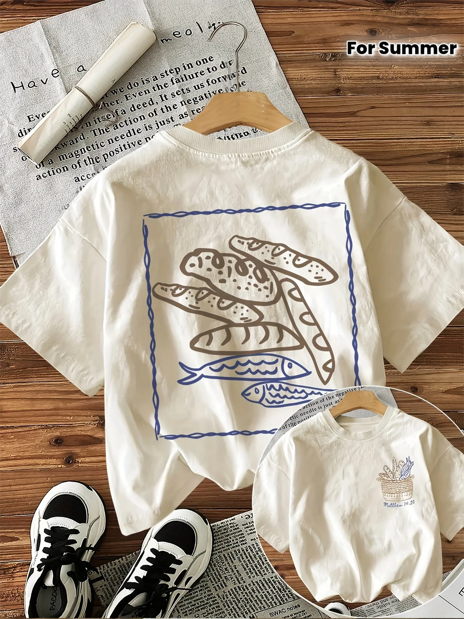 Double Sided Printing Island Summer Minimalist Style Bread Fish Print T-Shirt Casual Round Neck Women's Top Summer Casual T-Shir