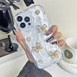 3D Cute Butterfly Camellia Creamy Wavy Phone Case For iPhone 15 14 Plus 13 11 12 Pro Max XR XS Soft Shockproof Protect Cover
