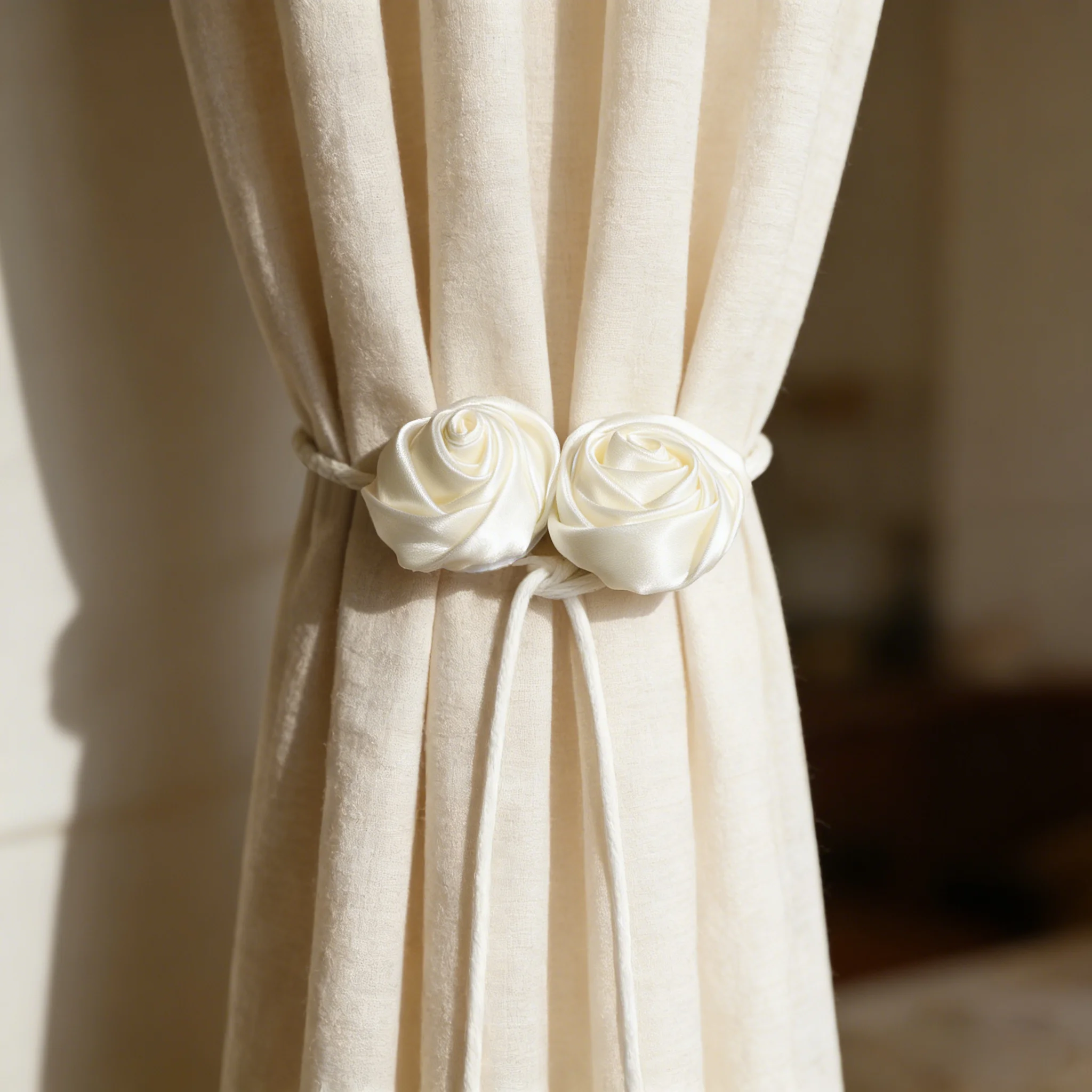 2 Stück Satin-Doppelrosen-Vorhanghalter im Ins-Stil, Elegante Blumen-Dekorative Vorhangbinder für Schlafzimmer & Wohnzimmer