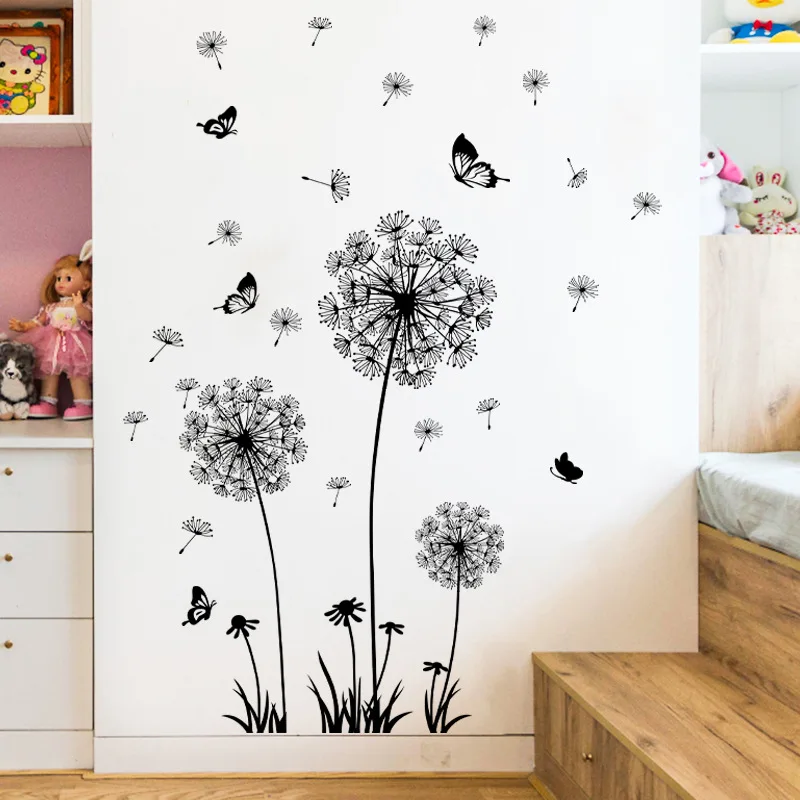 Black dandelion butterfly sticker for living room bedroom decoration self adhesive wall decor