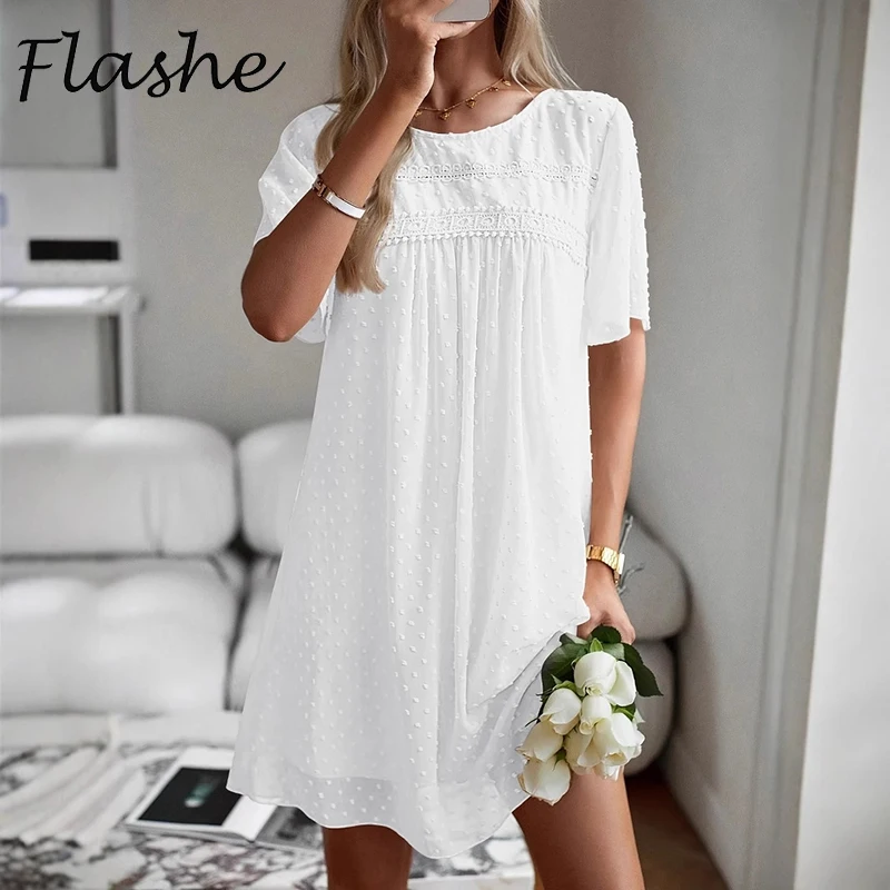 

Summer Loose Lace Dress Women Casual O Neck Short Sleeve Jacquard Party Short Dresses For Women Beach Holiday Dress Boho