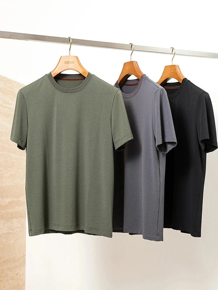  Summer Men's T-Shirt Standard Fit Ice Silk Casual Short Sleeve Bubble Cloth round Neck Fashion Urban Style Top