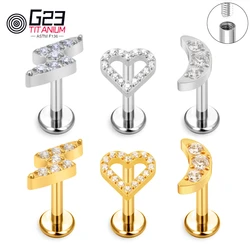 Lightning Heart Threaded Earring Stud G23 ASTM F136 Titanium 16G Labret Lip Cartilage Helix Nose Piercing Women Body Jewelry