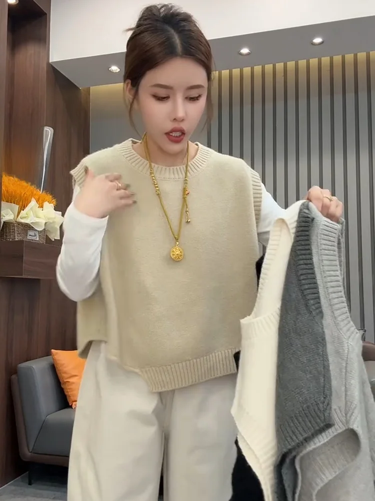 韓国風スリルーズニットスウェットラウンドネックベストレディース春秋ファイオントップカジュアル快適ノンオーマデザイン