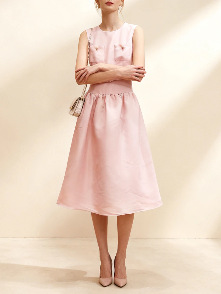 VGH Rosa Farbe Elegantes Midikleid für Frauen Rundhals Ärmellos Patchwork Schärpen Tunika Süße Party-Stil Kleider Weiblicher Stil