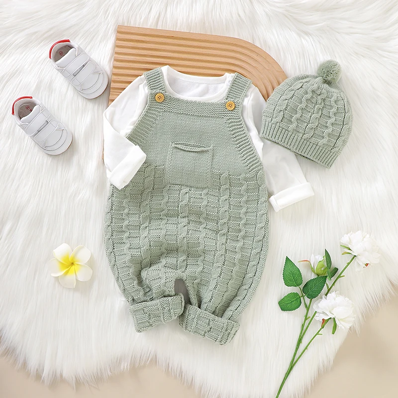 

Fashion Sleeveless Knitted Baby Rompers Hats Clothes Sets Newborn Boy Girl Solid Jumpsuits Outfits Spring Autumn Infant Overalls