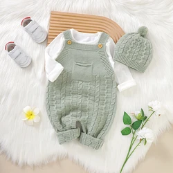 Fashion Sleeveless Knitted Baby Rompers Hats Clothes Sets Newborn Boy Girl Solid Jumpsuits Outfits Spring Autumn Infant Overalls