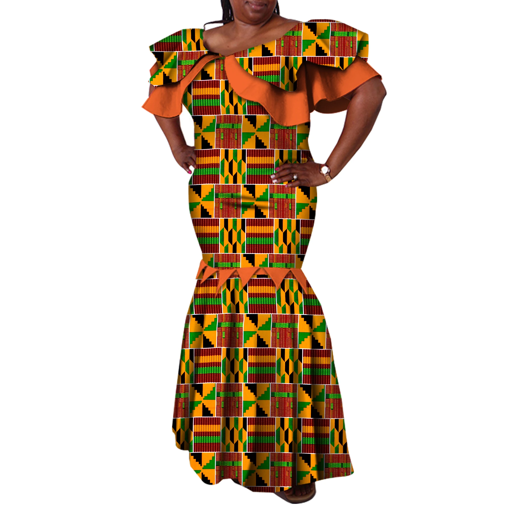 Bazin Riche African Dresses for Woman with African Headwarp Ankara Print Vestidos Dashiki Women Dresses Evening Gowns WY2452