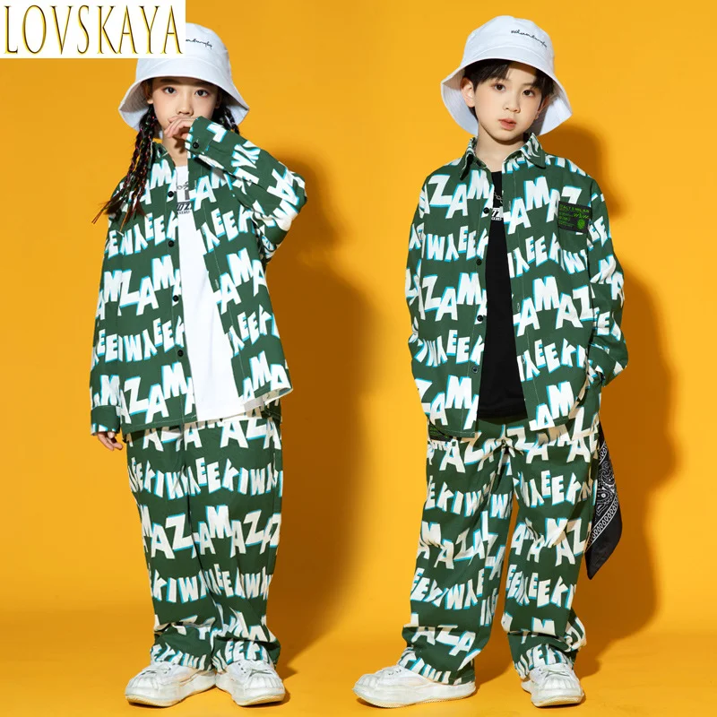 

Boys Hip Hop Green Printed Shirt Joggers Girls Letters Blouse Street Dance Loose Pants Child Jazz Clothes Sets Kids Streetwear