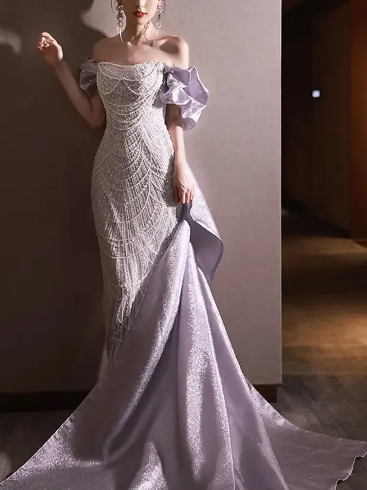 

Elegant Purple Evening Dress Pearls Beaded Big Satin Bow Mermaid Prom Dress Off The Shouder Long Wedding Guest Dress Formal Gown