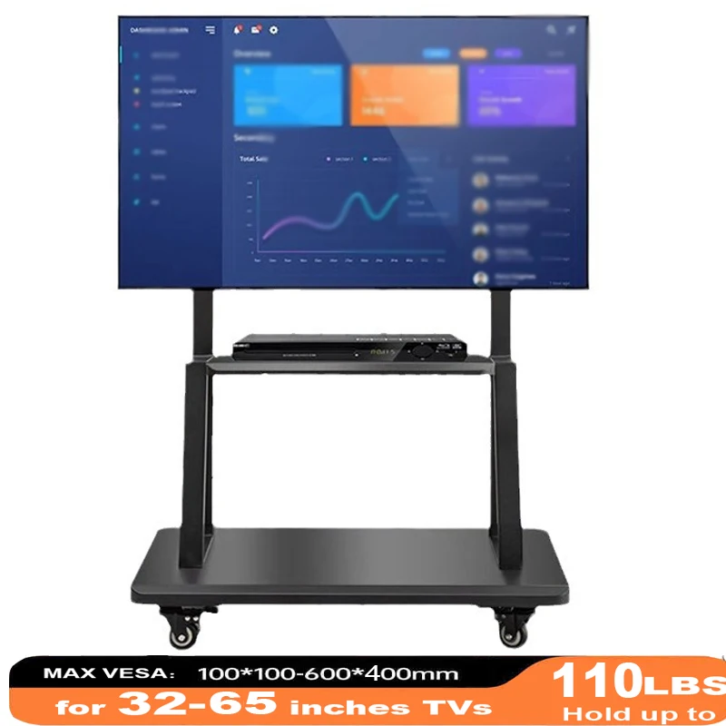 Mobile TV Stand, Tilt Rolling TV Cart with Media Shelf and Locking Wheels, Fits 32-65” TVs, Holds Up to 110lbs,Max VESA 600x400m