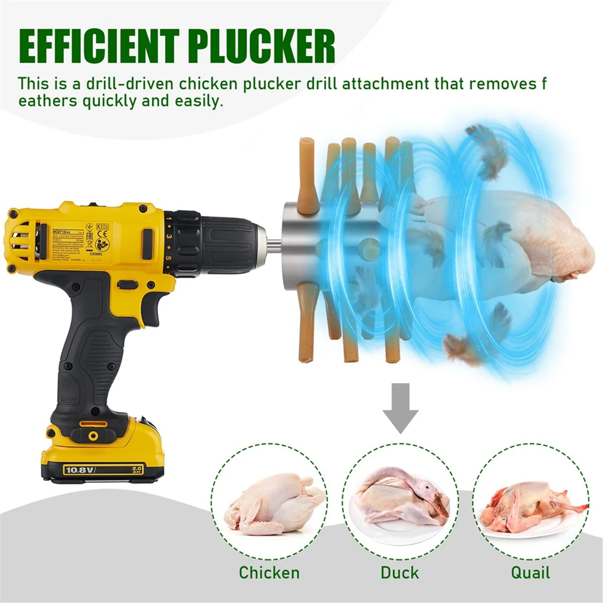 CHCH Chicken Plucker Drill Attachment Stainless Steel Chicken Plucker 18-Fingers Chicken Feather Removal Plucker Machine