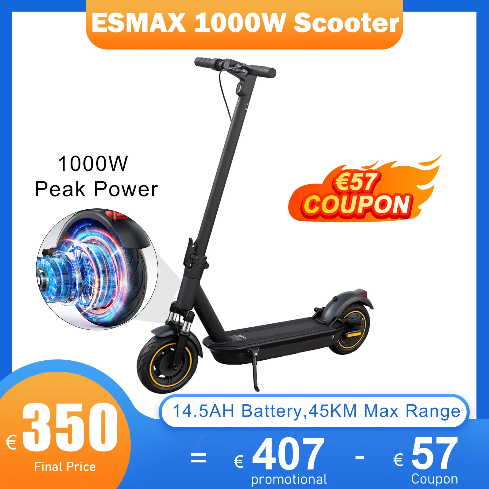 JUICEASE 45KM Scooter Electric 35KM/H 1000W Peak Power Electric Kick Scooter 10 