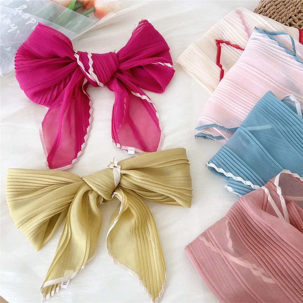 1PC 60cm Small Pleated Silk Scarf Fairy Solid Color Small Neckwear Bandana Rhombus Elegant Female Headband Summer Handkerchief