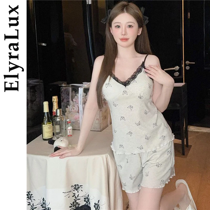 

ElyraLux Sexy Korean Sle Strap Sleepwear Women's Summer Thin Home Clothes Lace Side Spring Autumn Leisure Cloths