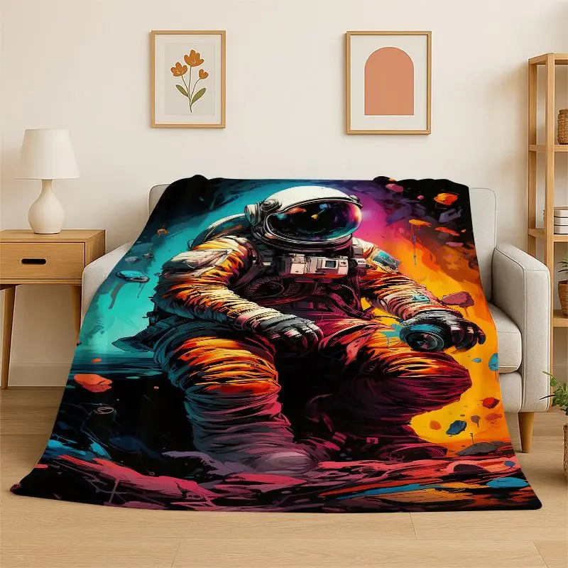 Cartoon Astronaut Spaceman Planet Flannel Blanket Soft Throw Blanket for Bedroom Living Room Bed Travel Camping Nap Cover Gift