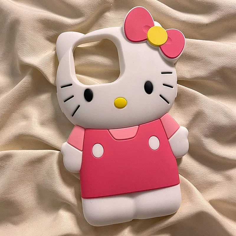 Kawaii Tan Hello Kitty Phone Case for IPhone 11 12 13 14 15 Pro Max Sanrio Anime Y2k 3D Silicone Black Creative Protective Cover