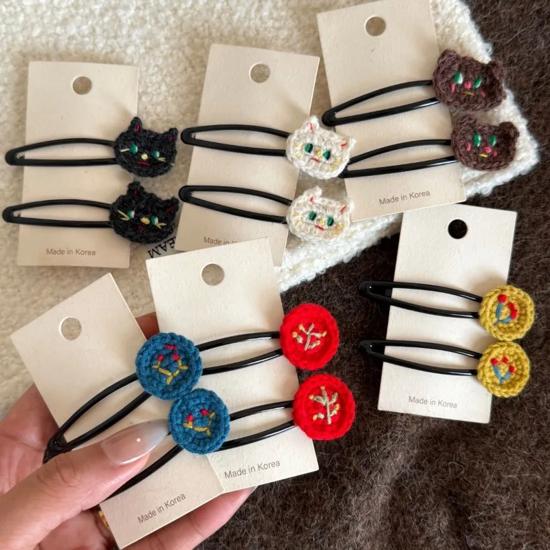 Cartoon Kitten Yarn Crochet Cute Handmade Knitted Hair Clip Side Clip Bangs BB Clip Headwear Hair Accessories