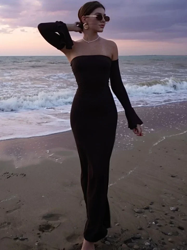 

Black Elegant Evening Dress Women Sexy Off Shoulder Slim High Waist Tube Dresses Beach Party Ruffle Backless Long Dress