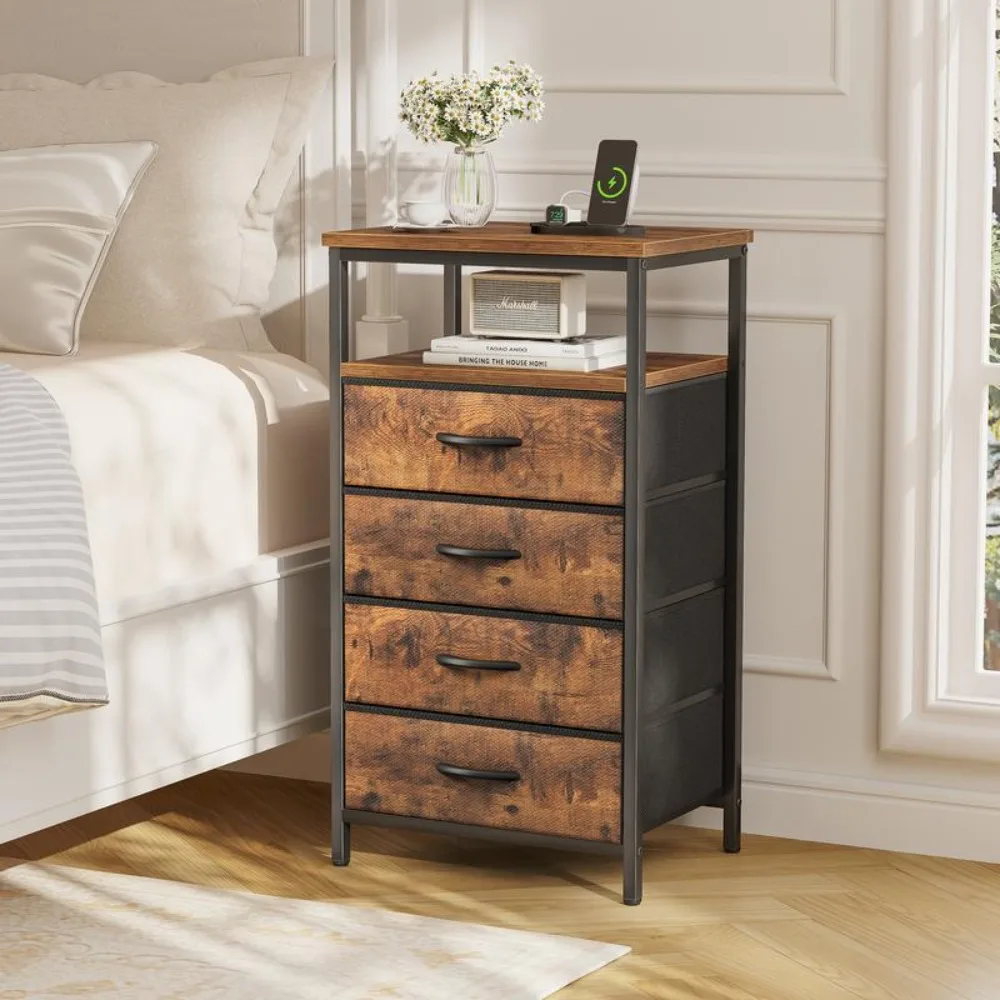 

Night Stand 4 Drawer Dresser for Bedroom, Bedside Table, 33.5 Inch Tall Nightstand with Open Shelf, Freight Free