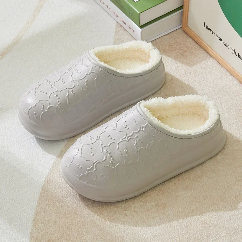 Autumn and Winter New Product Simple Print Little Bear Couple Style Cotton Slippers for Men and Women, Waterproof Cotton Cover