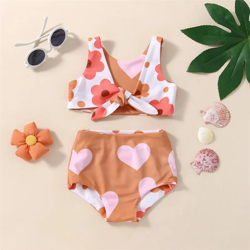 

Toddler Girl s Beachwear Tropical Leaf Print Halter Neck Bikini Top Ruffle Bottoms Set for Summer Fun