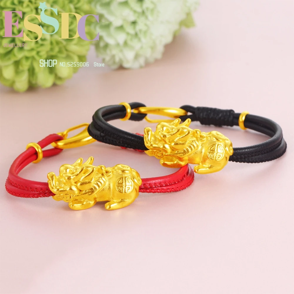 Shajin Pixiu Red Black Leather Rope Bracelet For Men And Women Gilded Jewelry Couple Fashion Gift Retro Exquisite National Style