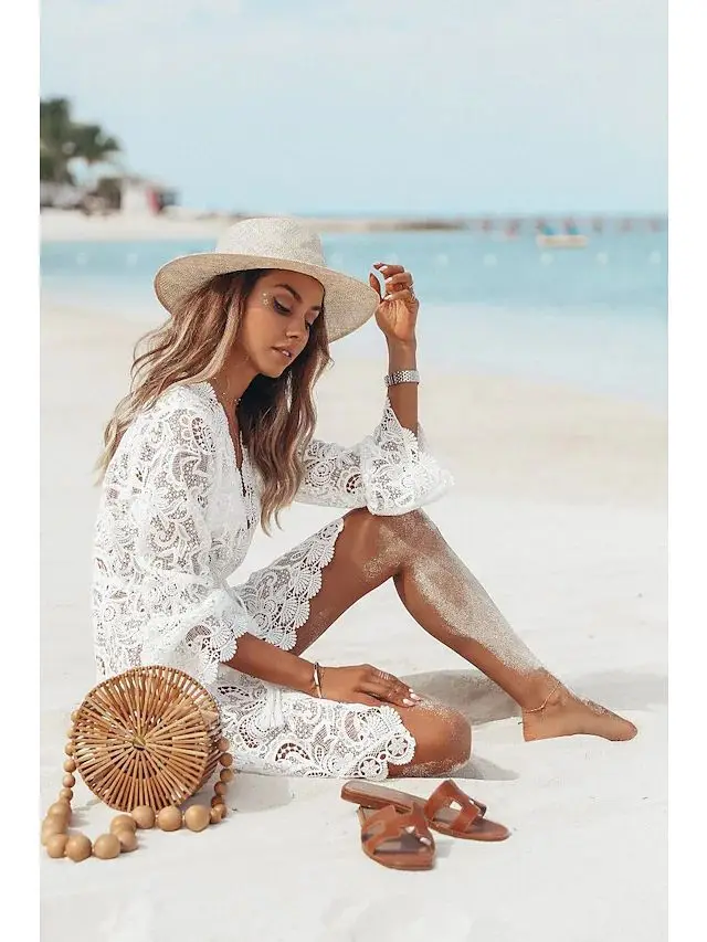 Sexy Hollow Out Flower Lace Mini Beach Dresses For Women Deep V-neck Low Cut See Through Beachwear Dress Casual Elegant 2023 New