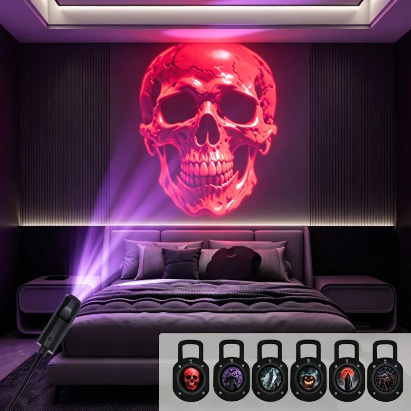 3/6 stuks Halloween USB LED-projectielamp met verschillende patronen: spook, vleermuis, spin, skelet, sfeerverlichting voor Halloween, feestelijke decoratie.