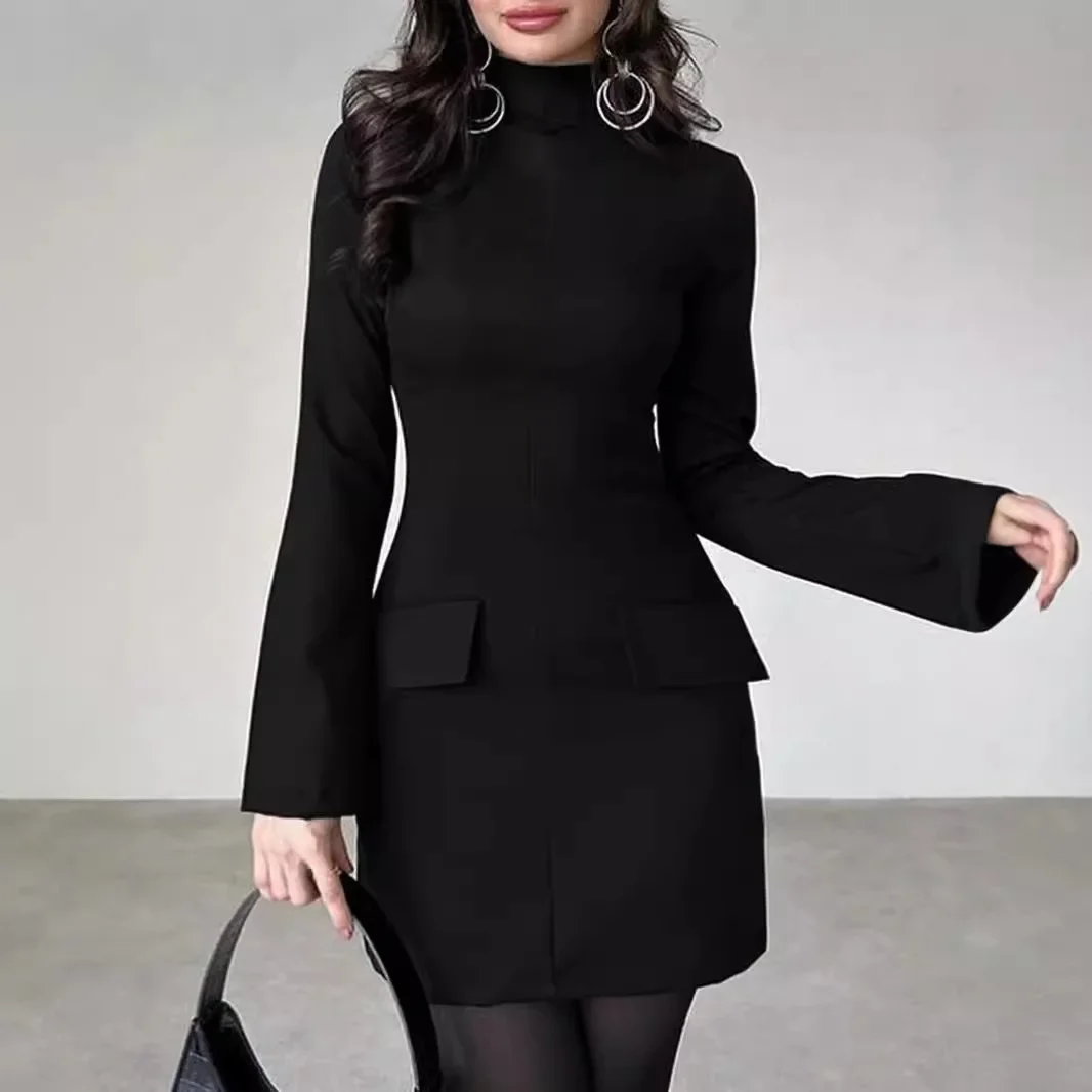 

high quality Trumpet Sleeves Solid Color O-Neck With Pockets Mini Dress 2025 Autumn Winter For Women Sexy Elegant Party Club