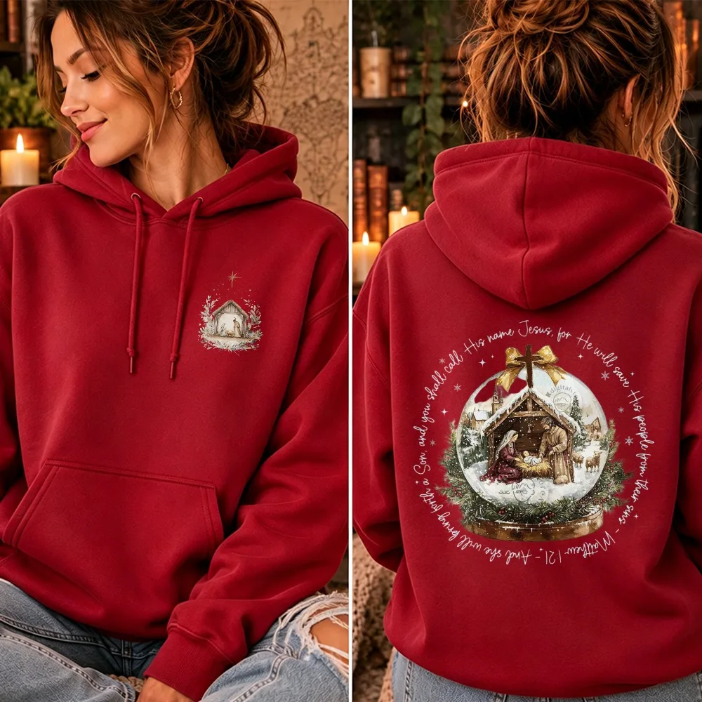 Christmas Hoodie Vintage Nativity Snow Globe Hoodies Jesus Matthew 1 21 Bible Verse Christian Cozy Double Rint Unisex Pullover