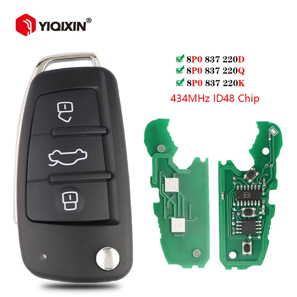 YIQIXIN 3 Button 434Mhz Smart Flip Remote Car Key For Audi A1 Q3 S1 A3 A4 S3 S4 TT A6L 2010 2013 2017 ID48 Chip 8X0837220D Q K