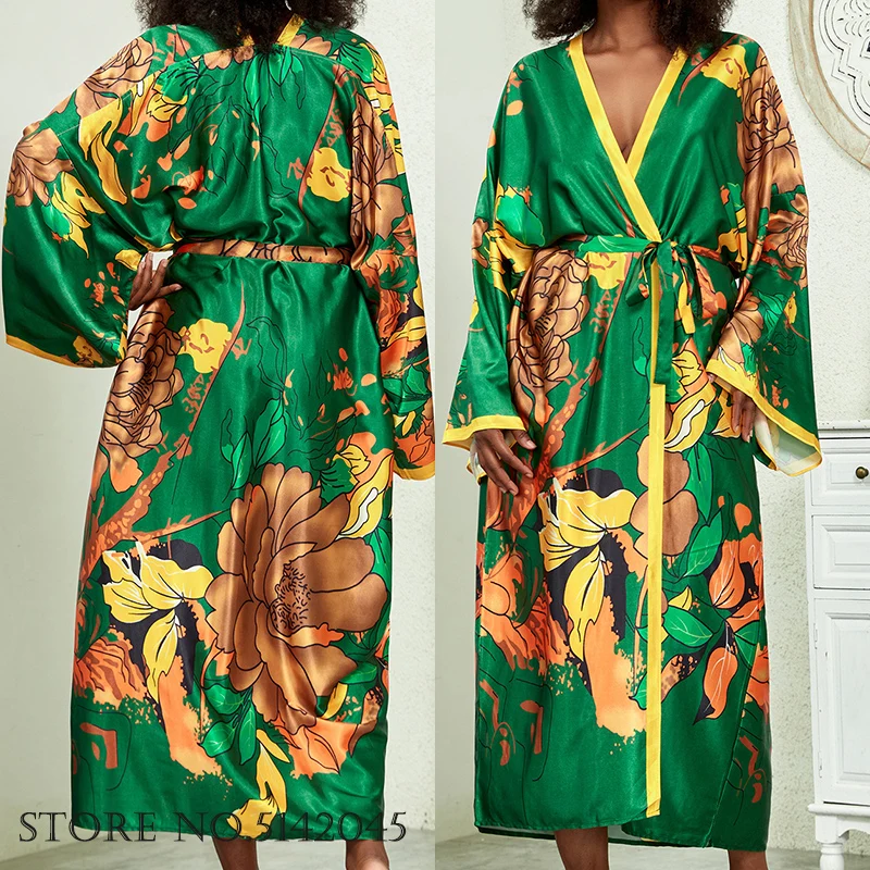 Long Kimono Bath Robe Gown Wide Sleeve Print Flower Robe Women Satin Nightgown New Silk Satin Nightdress V-Neck Lounge Sleepwear