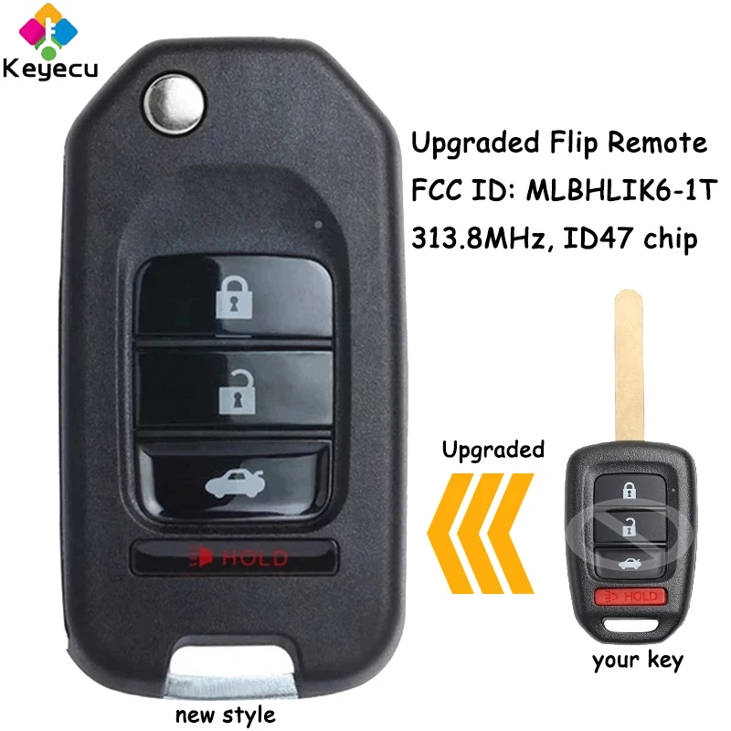 KEYECU Upgraded Flip Remote Car Key With 4 Buttons 313.8MHz ID47 Chip for Honda Civic Accord 2014 2015 2016 2017 Fob MLBHLIK6-1T