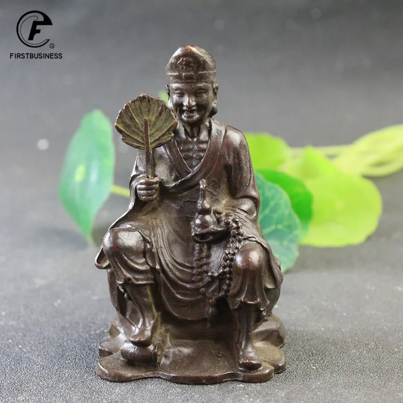 Antique Copper Ji Gong Monk Statue Desktop Ornaments Retro Buddha Figurines Lucky Feng Shui Home Decorations Crafts Accessories