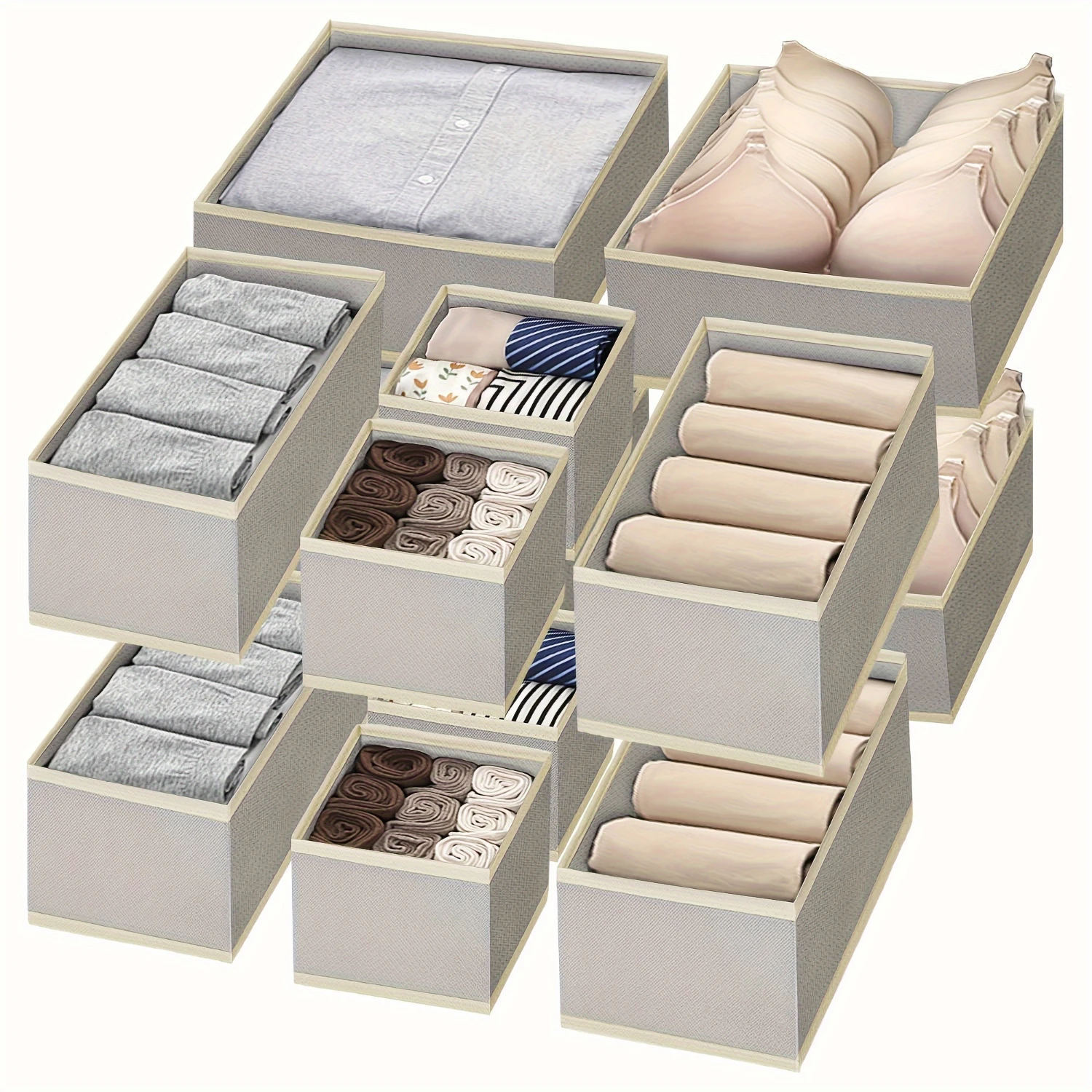 12-Piece Foldable Drawer Organizers For Clothes, Underwear & Accessories - Nylon Rectangular  Bins For Wardrobe Organization