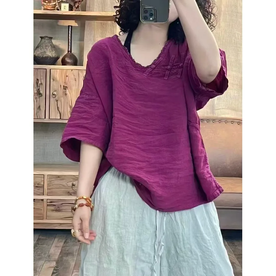 

High-End Vintage Women's Shirt Button-Up Base Layer Top Commute Style Regular Fit Four-Quarter Sleeve V-Neck Resistant to Def...