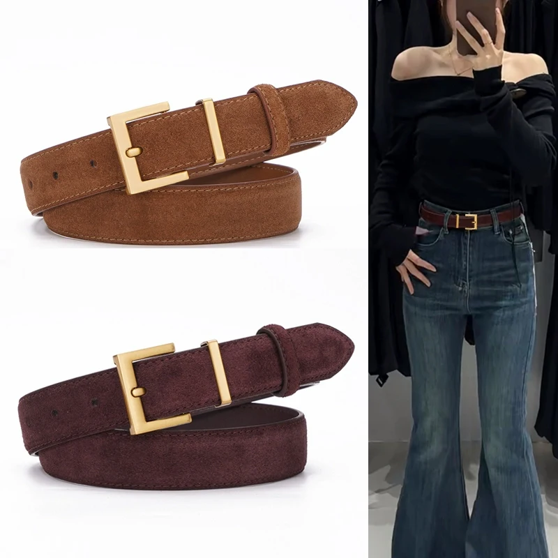 Fashion Women’s Double Genuine Leather Belt Chic Cowhide Suede with Modern Square Alloy Buckle Perfect for Dresses and Jeans