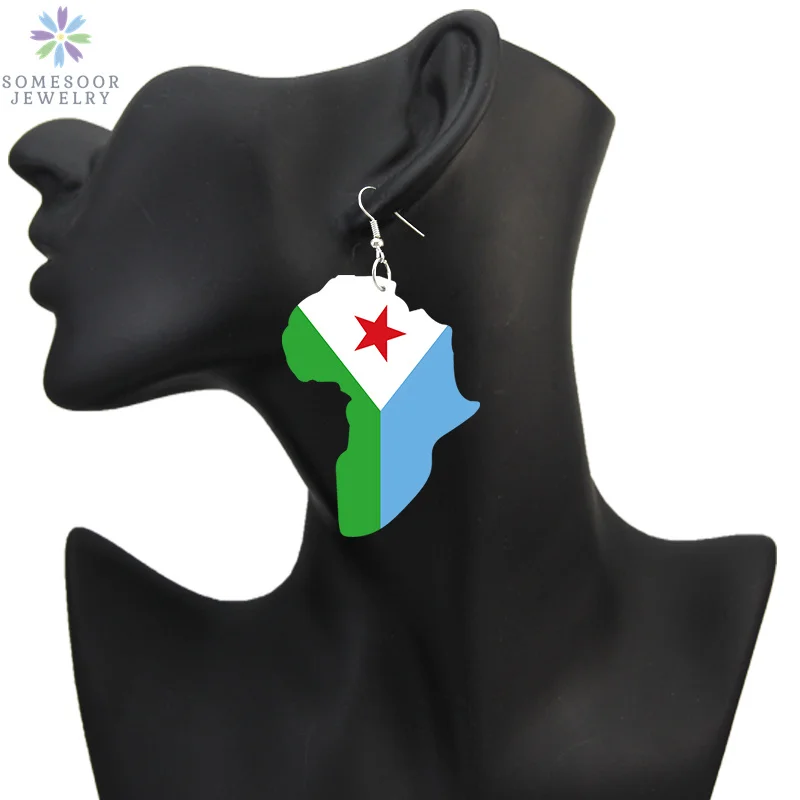 SOMESOOR The Republic Of Djibouti National Flag Print Wooden Drop Earrings African Roots Geometric Dangle Jewelry For Women Gift