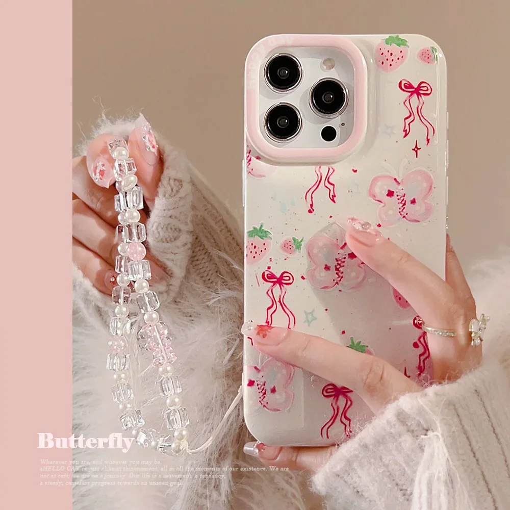 Fairy Pink strawberry butterfly bow sofa art Etui na telefon do iPhone 16 15 14 13 12 11 Pro Max Xr 14 16 Plus Etui Cute Soft Cover