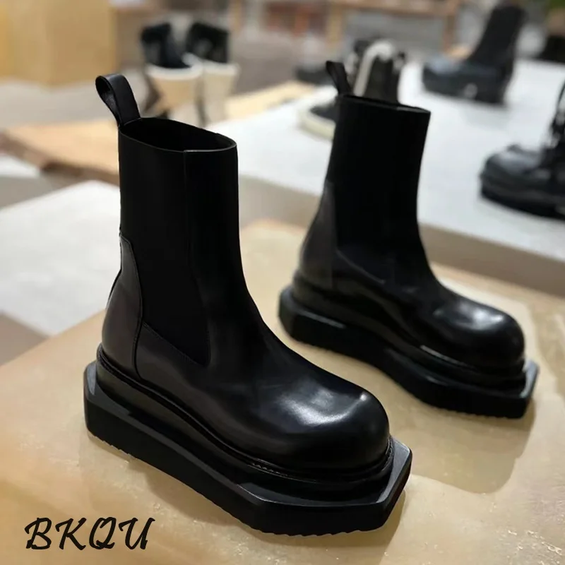 

BKQU Thick-soled Mid-cylinder Round Head Chelsea Boots Women's Dark Square Smoke Pipe British Men's Big Head Ankle Boots