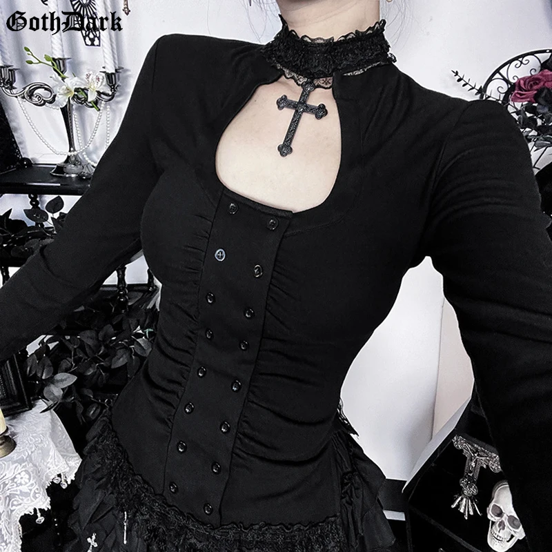 Goth Dark Cross Choker Lace Trim Long Sleeve T-shirts Mall Gothic Black Slim Tops for Women Y2K 90s Casual Top Tees Streetwear